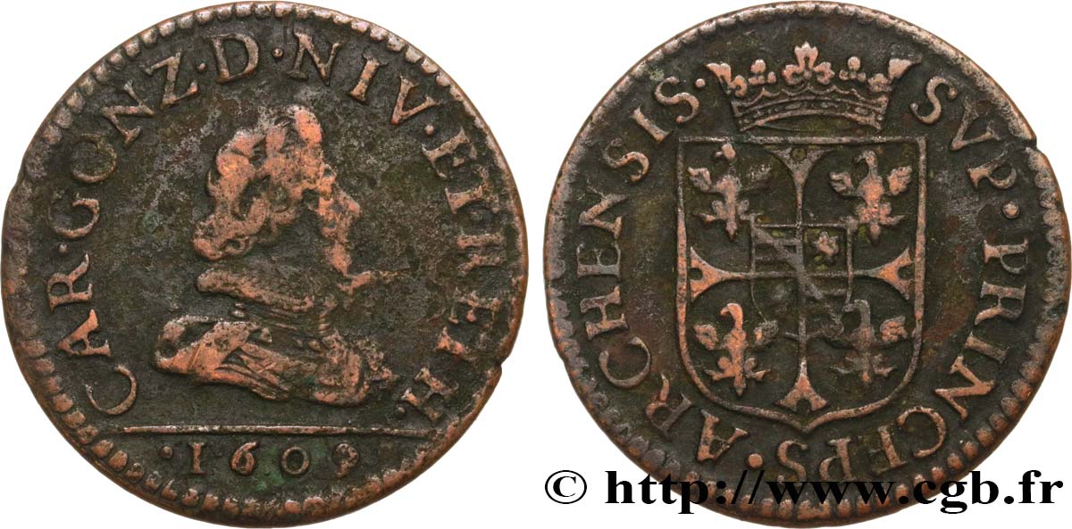 ARDENNES - PRINCIPAUTY OF ARCHES-CHARLEVILLE - CHARLES I OF GONZAGUE Liard, type 3 q.MB/q.BB