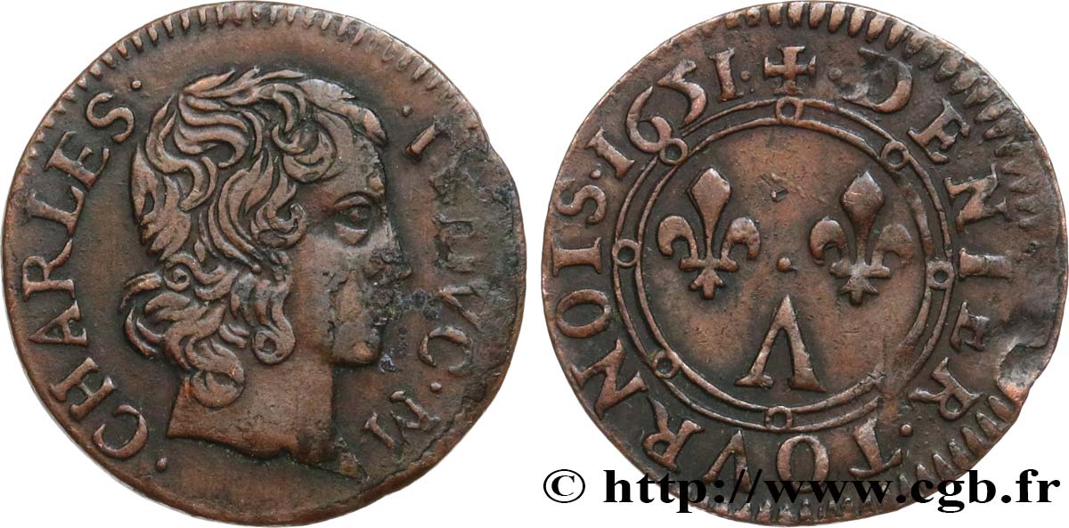 ARDENNES - PRINCIPAUTY OF ARCHES-CHARLEVILLE - CHARLES II OF GONZAGUE Denier tournois, type 2 XF/AU