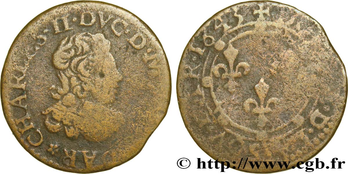 ARDENNES - PRINCIPALITY OF ARCHES-CHARLEVILLE - CHARLES II GONZAGA Double tournois, légende à six heures, 2e effigie VF/F
