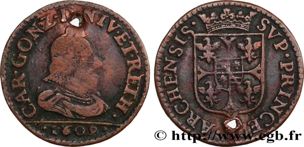 ARDENNES - PRINCIPALITY OF ARCHES-CHARLEVILLE - CHARLES I GONZAGA Liard, type 3 VF/VF