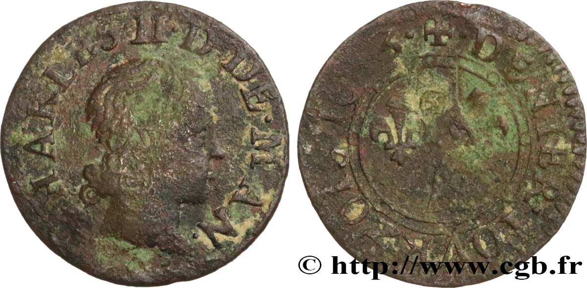 ARDENNES - PRINCIPAUTY OF ARCHES-CHARLEVILLE - CHARLES II OF GONZAGUE Denier tournois, type 3 F/VG