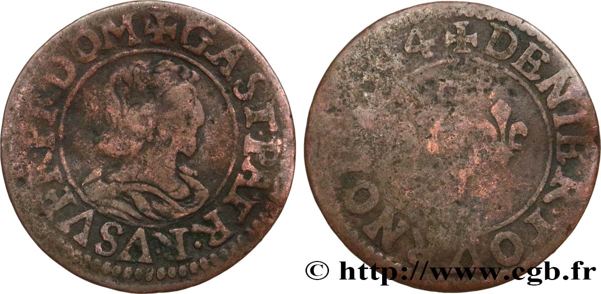 DOMBES - PRINCIPALITY OF DOMBES - GASTON OF ORLEANS Denier tournois, type 6 VF/VG