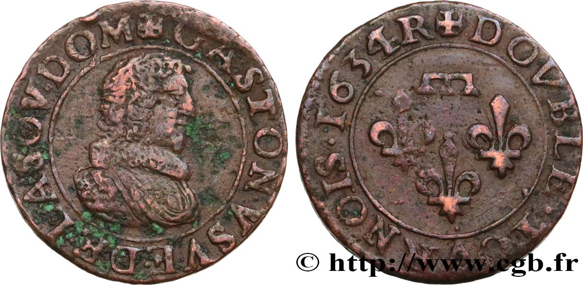 DOMBES - PRINCIPALITY OF DOMBES - GASTON OF ORLEANS Double tournois, type 8 VF/XF