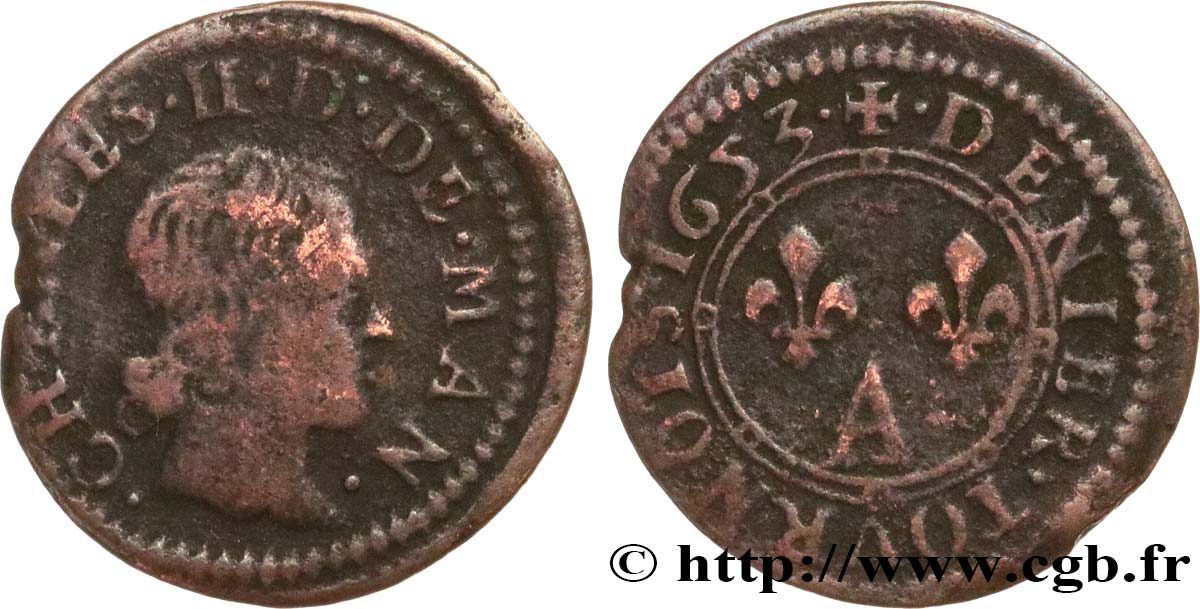 ARDENNES - PRINCIPAUTY OF ARCHES-CHARLEVILLE - CHARLES II OF GONZAGUE Denier tournois, type 3 F/VF
