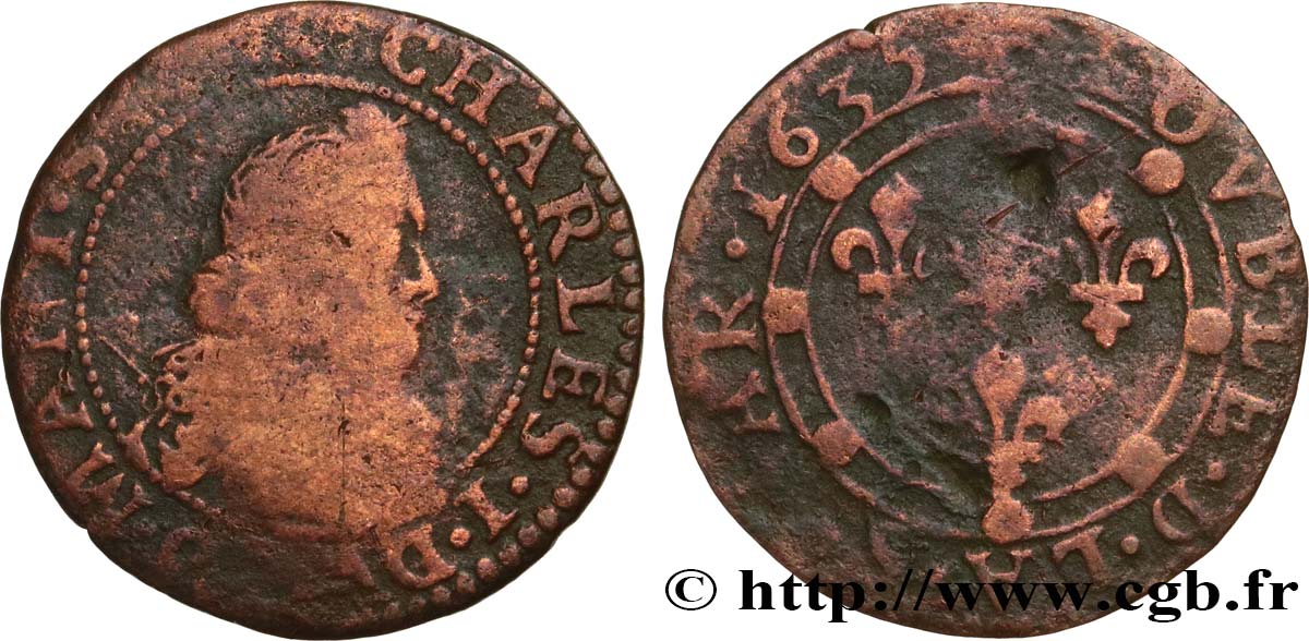 ARDENNES - PRINCIPAUTY OF ARCHES-CHARLEVILLE - CHARLES I OF GONZAGUE Double tournois, col fraisé et soleil au revers VG