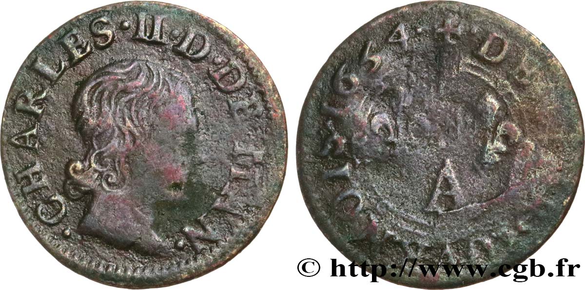 ARDENNES - PRINCIPAUTY OF ARCHES-CHARLEVILLE - CHARLES II OF GONZAGUE Denier tournois, type 3 VF