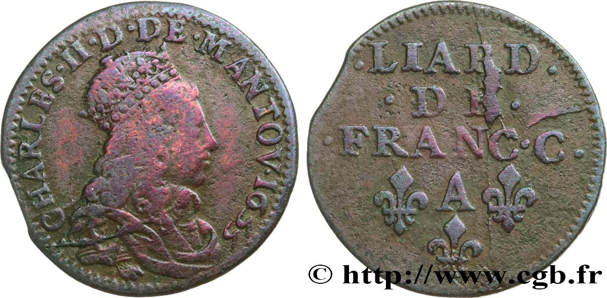ARDENNES - PRINCIPAUTY OF ARCHES-CHARLEVILLE - CHARLES II OF GONZAGUE Liard, type 4 VF