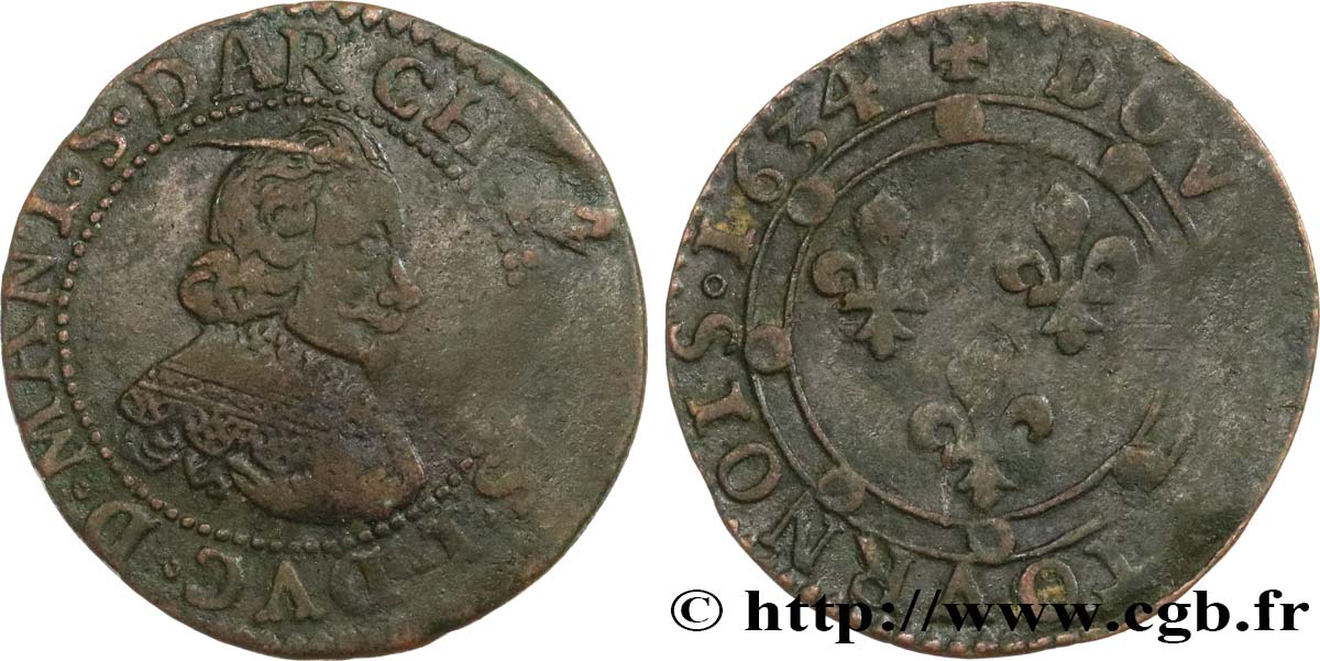 ARDENNES - PRINCIPALITY OF ARCHES-CHARLEVILLE - CHARLES I GONZAGA Double tournois, large col en dentelles VF/VF