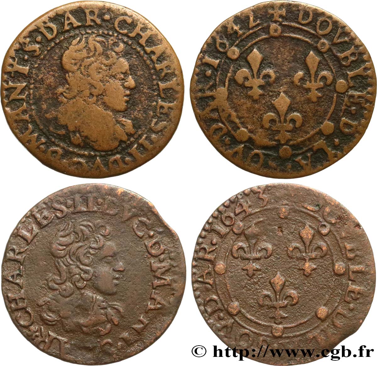 ARDENNES - PRINCIPALITY OF ARCHES-CHARLEVILLE - CHARLES II GONZAGA Lot de 2 double tournois VF/XF