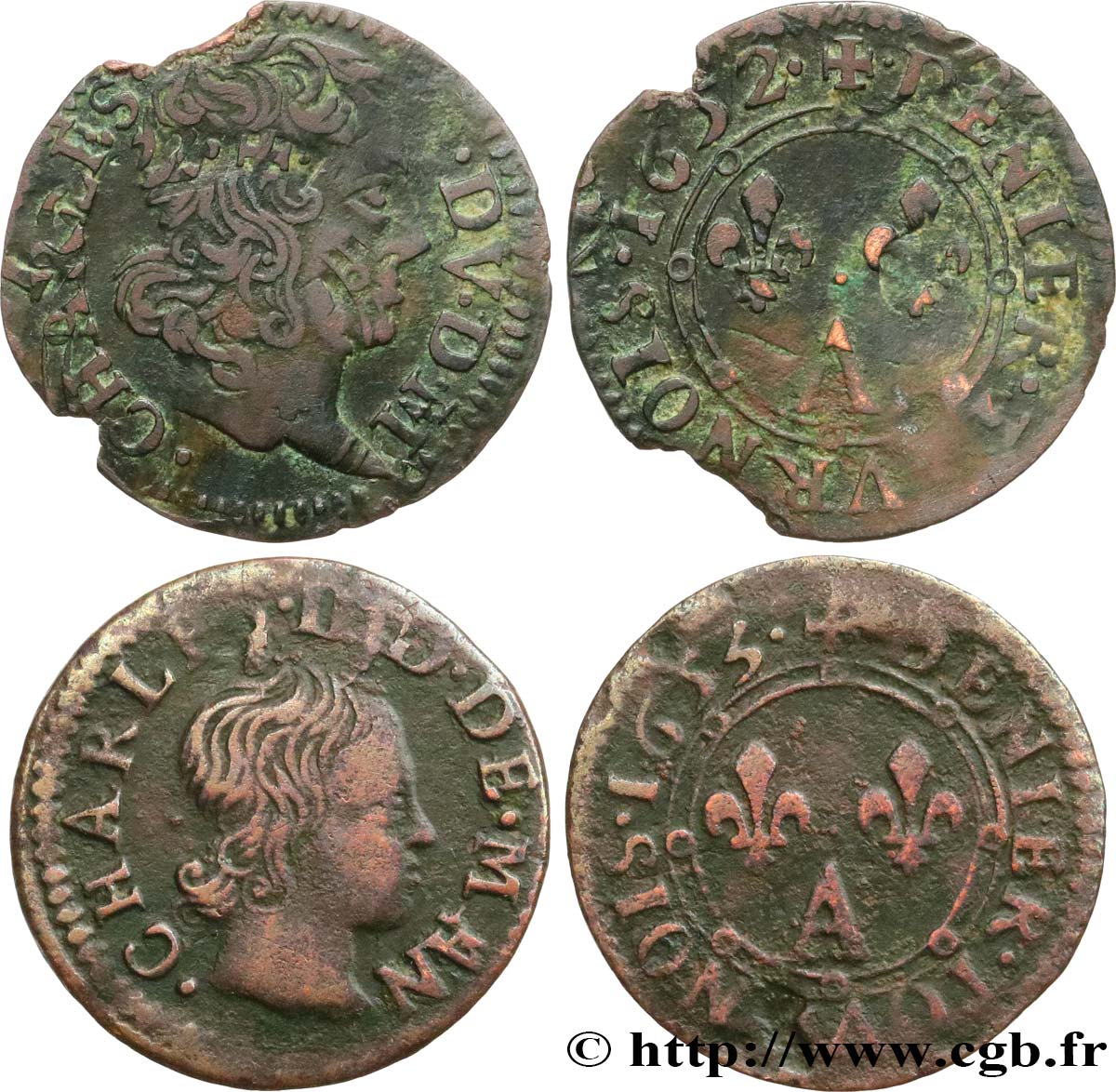 ARDENNES - PRINCIPALITY OF ARCHES-CHARLEVILLE - CHARLES II GONZAGA Lot de 2 deniers tournois VF