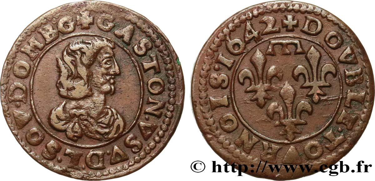 DOMBES - PRINCIPALITY OF DOMBES - GASTON OF ORLEANS Double tournois, type 16 XF/AU