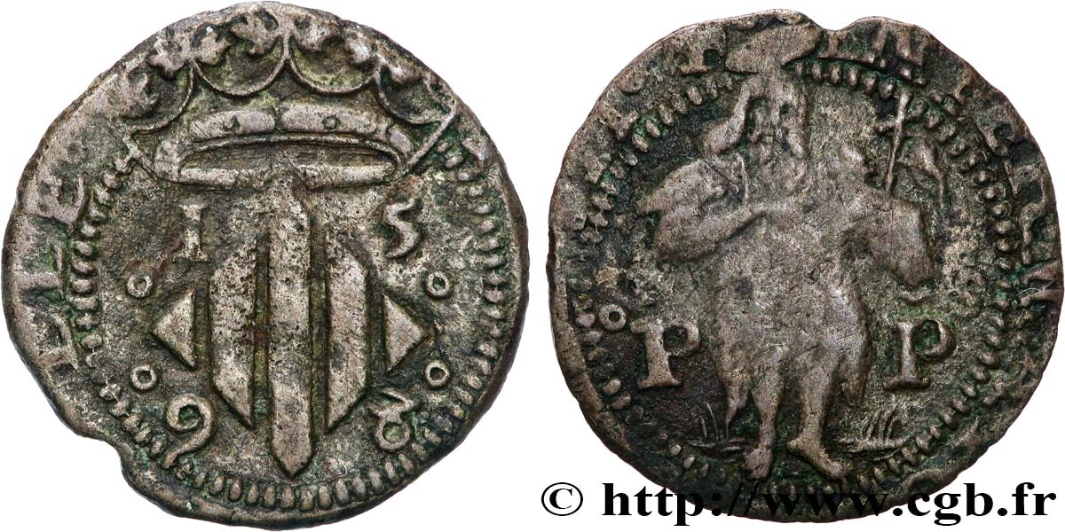 ROUSSILLON - VILLE DE PERPIGNAN - PHILIPPE II D ESPAGNE Double sol de billon TB+