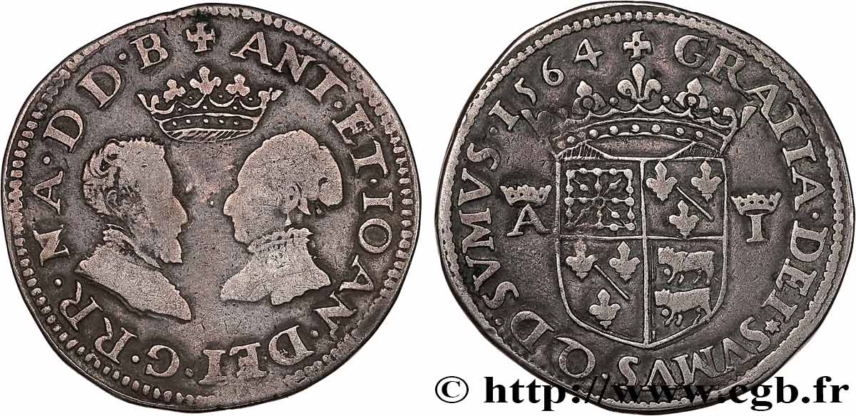 NAVARRE-BÉARN - ANTHONY OF BOURBON AND JOAN OF ALBRET Teston VF/XF