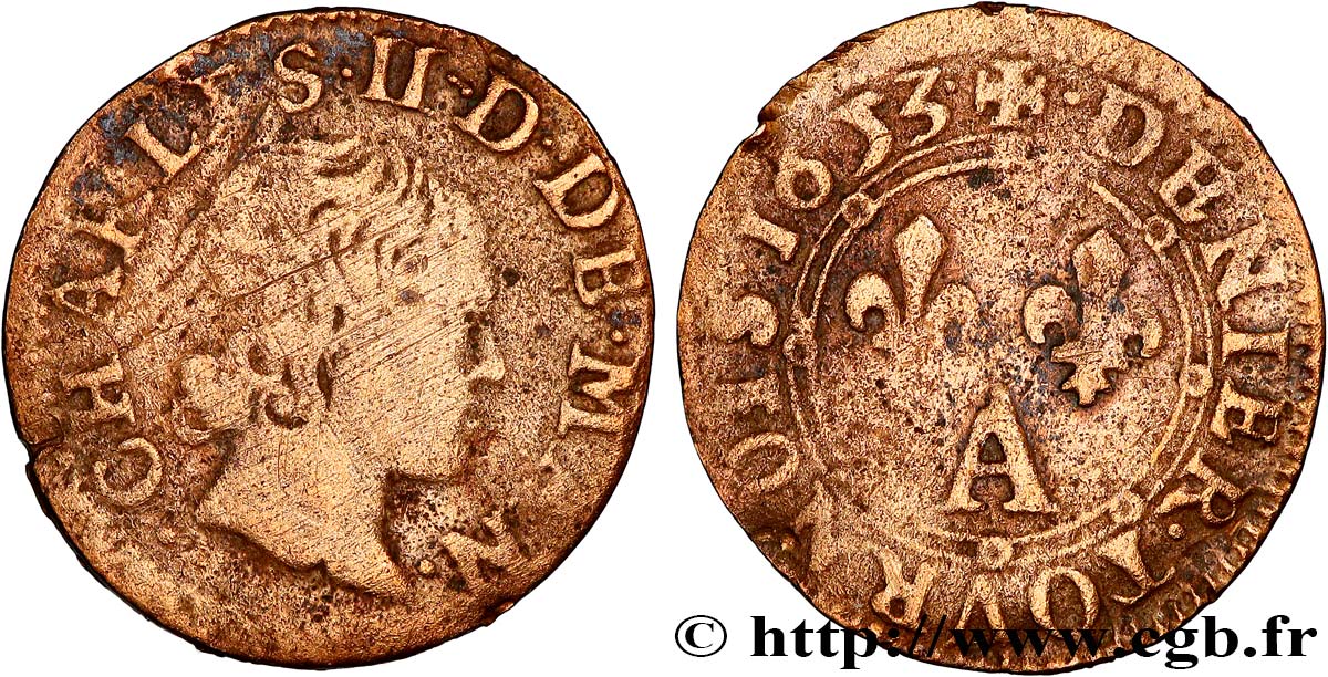 ARDENNES - PRINCIPAUTÉ SOUVERAINE D&nbsp;ARCHES-CHARLEVILLE - CHARLES II DE GONZAGUE Denier tournois, type 3 TB+
