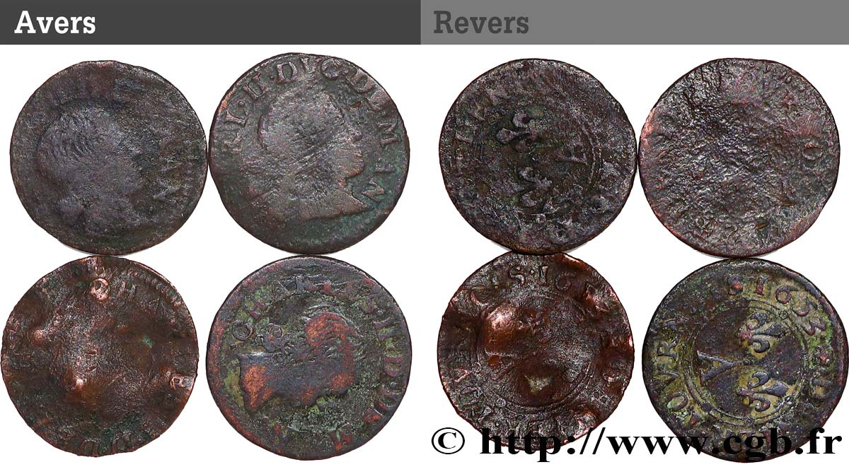 ARDENNES - PRINCIPAUTÉ SOUVERAINE D&nbsp;ARCHES-CHARLEVILLE - CHARLES II DE GONZAGUE Denier tournois, type 3, lot de 4 ex. B+