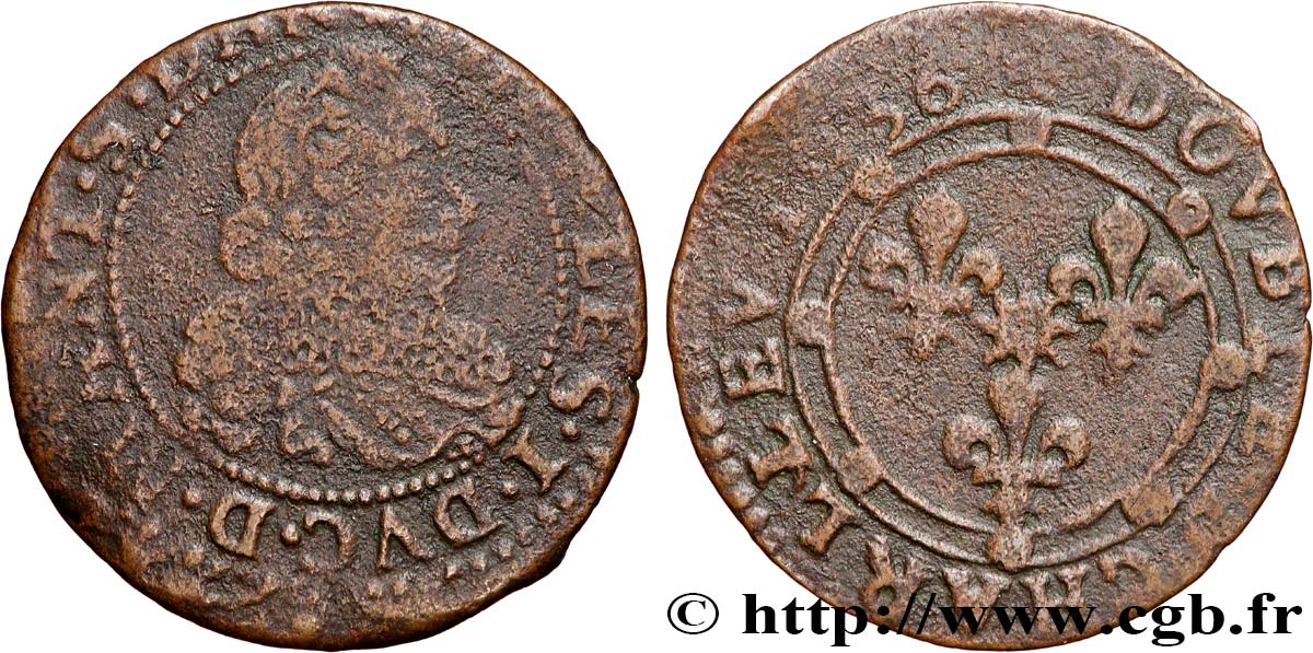 ARDENNES - PRINCIPAUTÉ SOUVERAINE D&nbsp;ARCHES-CHARLEVILLE - CHARLES Ier DE GONZAGUE Double tournois, type 17, col en dentelles et soleil au revers TB/TB+