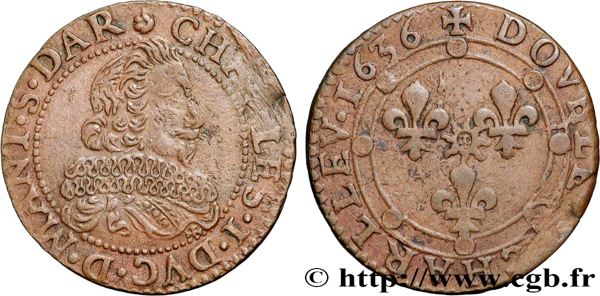 ARDENNES - PRINCIPAUTÉ SOUVERAINE D ARCHES-CHARLEVILLE - CHARLES Ier DE GONZAGUE Double tournois, type 17, col en dentelles et soleil au revers TTB