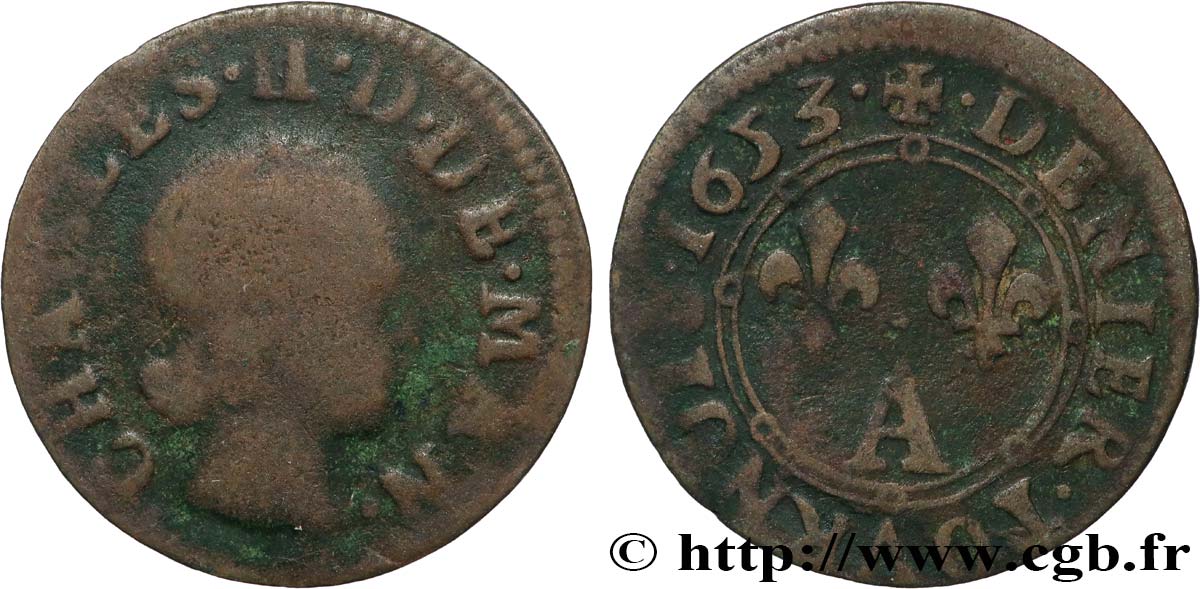 ARDENNES - PRINCIPAUTÉ SOUVERAINE D&nbsp;ARCHES-CHARLEVILLE - CHARLES II DE GONZAGUE Denier tournois, type 3 TB