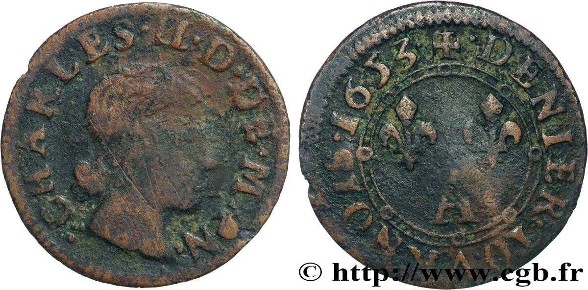 ARDENNES - PRINCIPAUTÉ SOUVERAINE D&nbsp;ARCHES-CHARLEVILLE - CHARLES II DE GONZAGUE Denier tournois, type 3 TB+