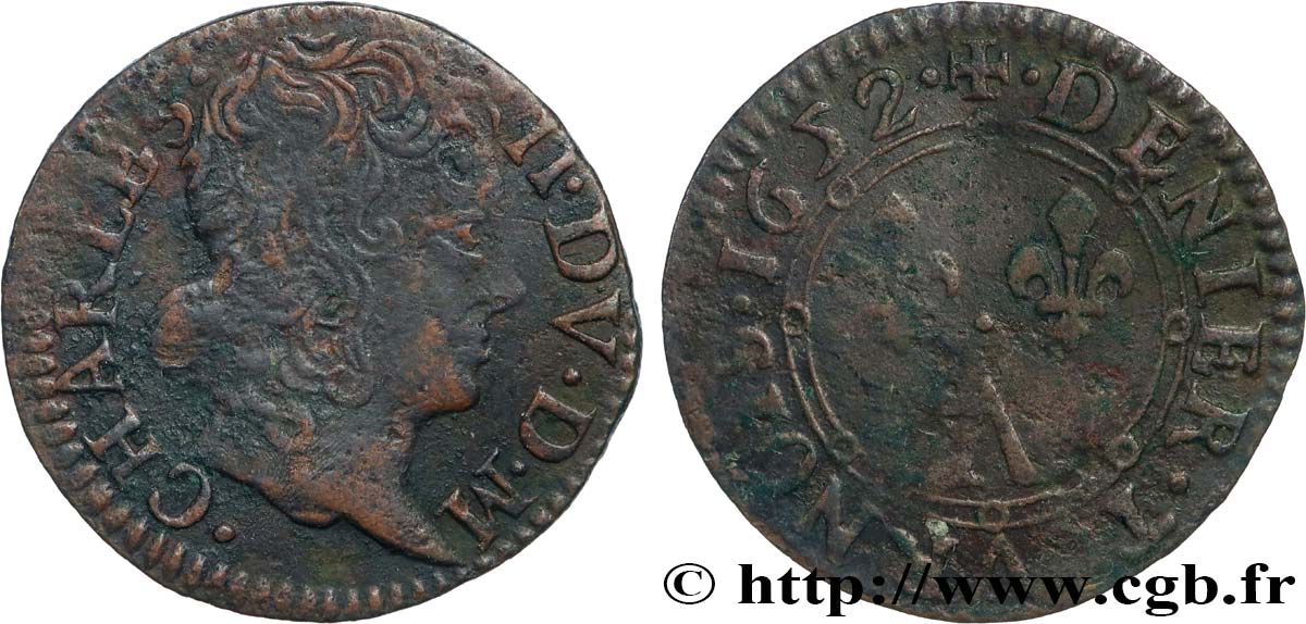 ARDENNES - PRINCIPAUTY OF ARCHES-CHARLEVILLE - CHARLES II OF GONZAGUE Denier tournois, type 2 XF