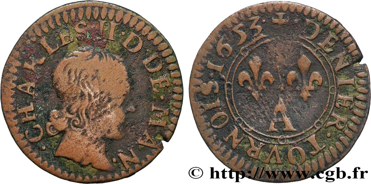 ARDENNES - PRINCIPAUTÉ SOUVERAINE D&nbsp;ARCHES-CHARLEVILLE - CHARLES II DE GONZAGUE Denier tournois, type 3 TB+