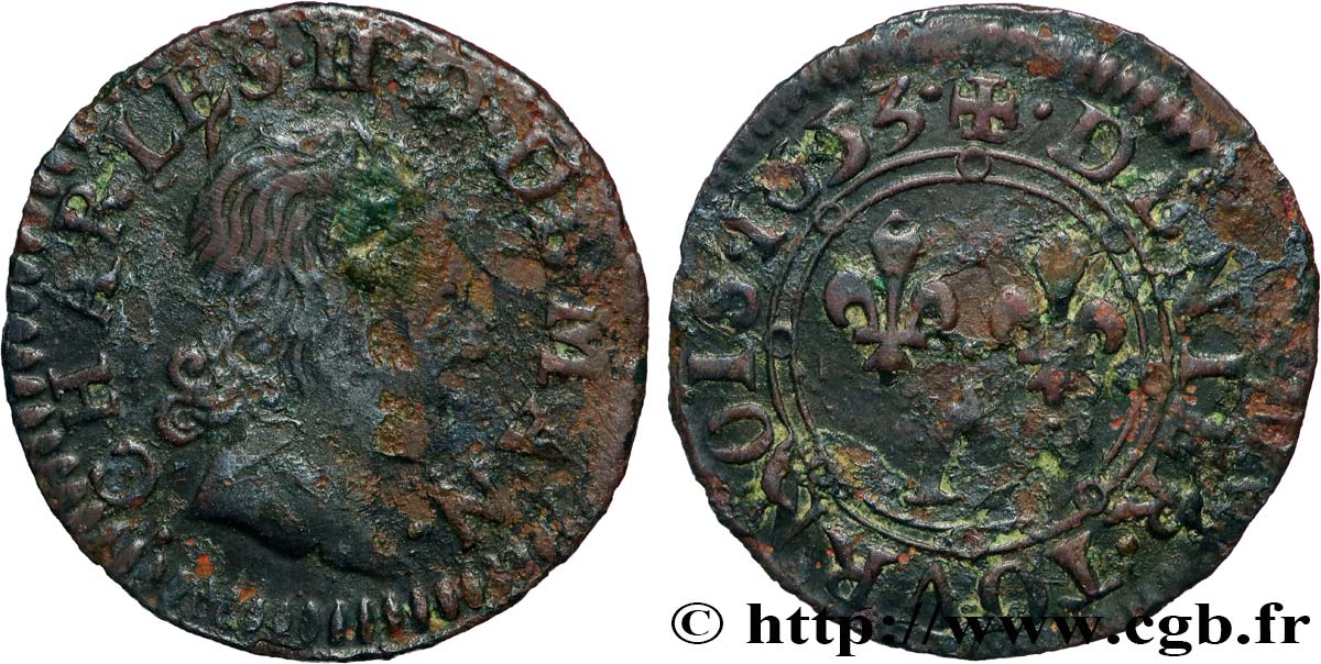 ARDENNES - PRINCIPAUTÉ SOUVERAINE D ARCHES-CHARLEVILLE - CHARLES II DE GONZAGUE Denier tournois, type 2 TB+