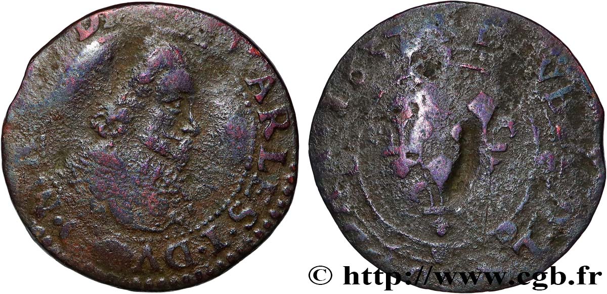 ARDENNES - PRINCIPAUTÉ SOUVERAINE D&nbsp;ARCHES-CHARLEVILLE - CHARLES Ier DE GONZAGUE Double tournois, col en dentelles et trois lis au revers B