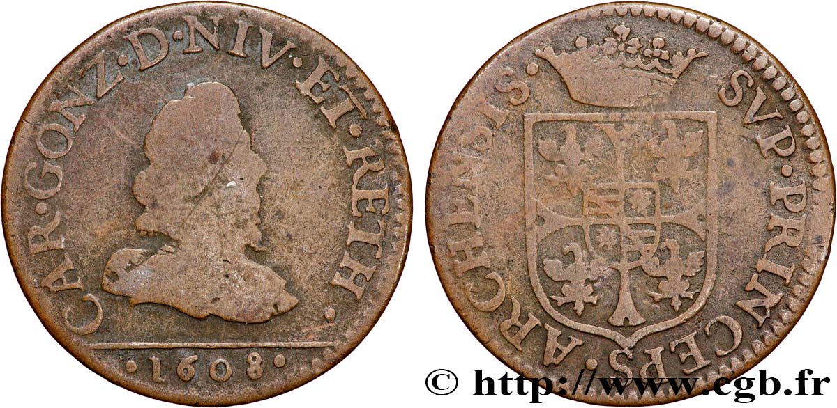 ARDENNES - PRINCIPAUTÉ SOUVERAINE D&nbsp;ARCHES-CHARLEVILLE - CHARLES Ier DE GONZAGUE Liard, type 2B TB