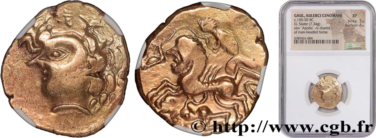 GALLIA - AULERCI CENOMANI (Area of Le Mans) Statère au cheval androcéphale et au personnage allongé, aux deux armes  AU/AU