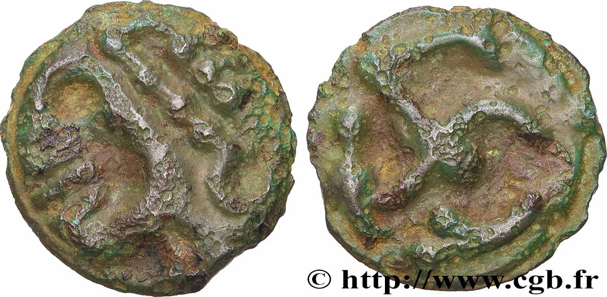 ÉDUENS (BIBRACTE, région du Mont-Beuvray) Potin à l’hippocampe, tête à la chevelure bouletée TTB+