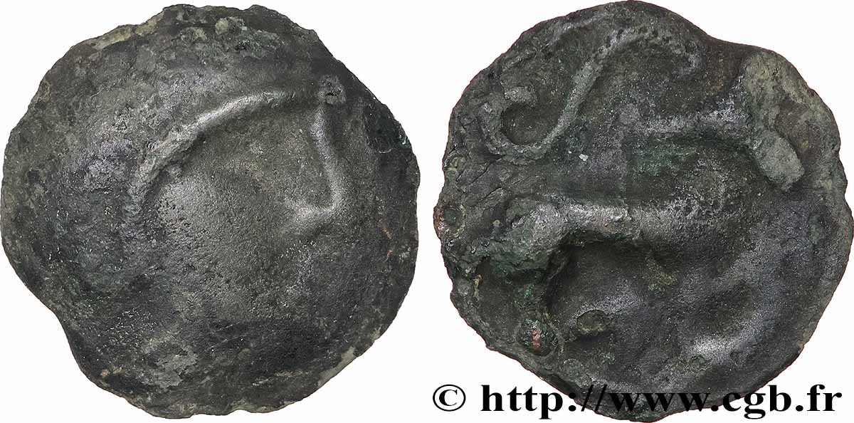 ÉDUENS (BIBRACTE, région du Mont-Beuvray) Potin à la tête casquée et au taureau TTB