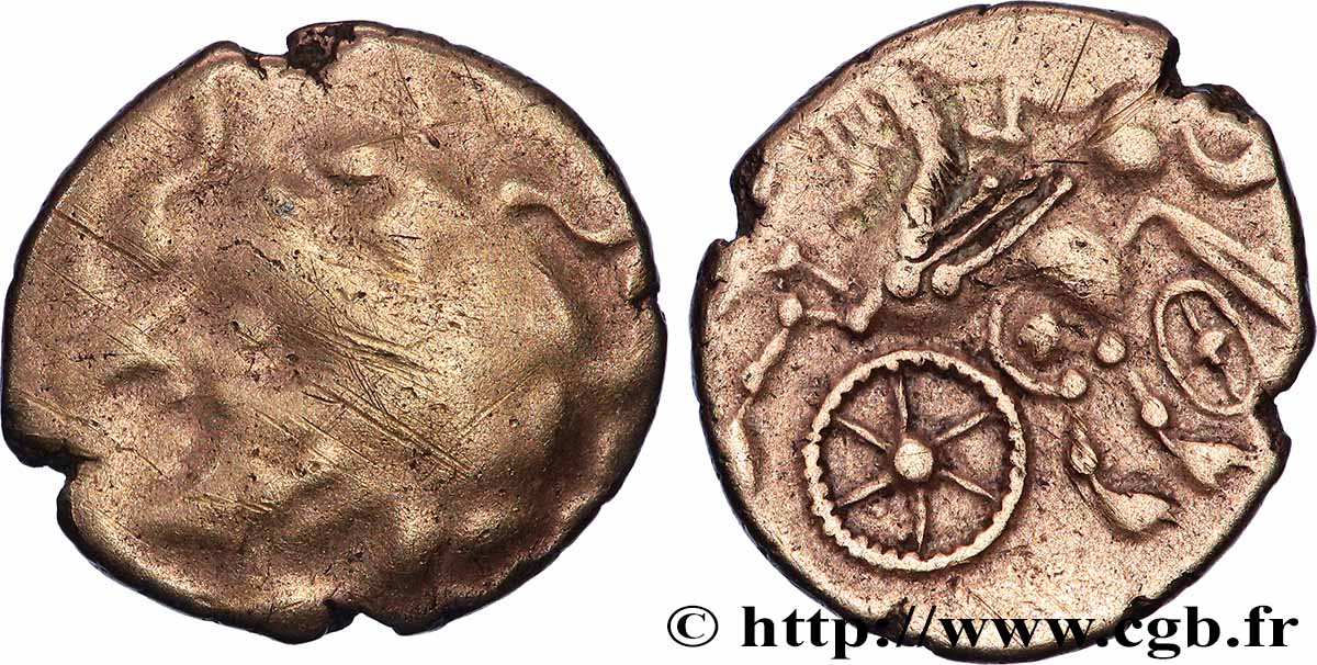 AULERQUES CÉNOMANS (Région du Mans) Quart de statère d&nbsp;or au cheval androcéphale et à la rouelle B+/TTB+