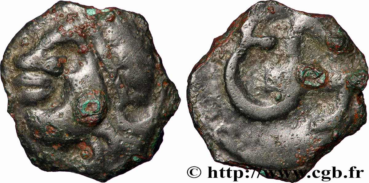 ÉDUENS (BIBRACTE, région du Mont-Beuvray) Potin à l’hippocampe, tête casquée TTB+