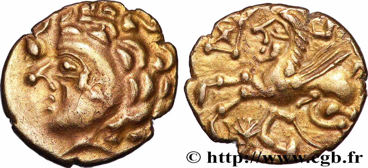 GALLIA - AULERCI CENOMANI (Area of Le Mans) Quart de statère d&nbsp;or au cheval androcéphale et au personnage allongé AU