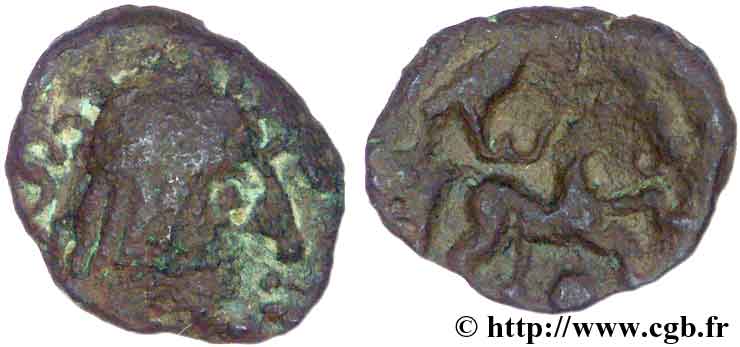 GALLIA BELGICA - AMBIANI (Región de Amiens) Bronze au cheval et à la tête aux cheveux calamistrés BC+