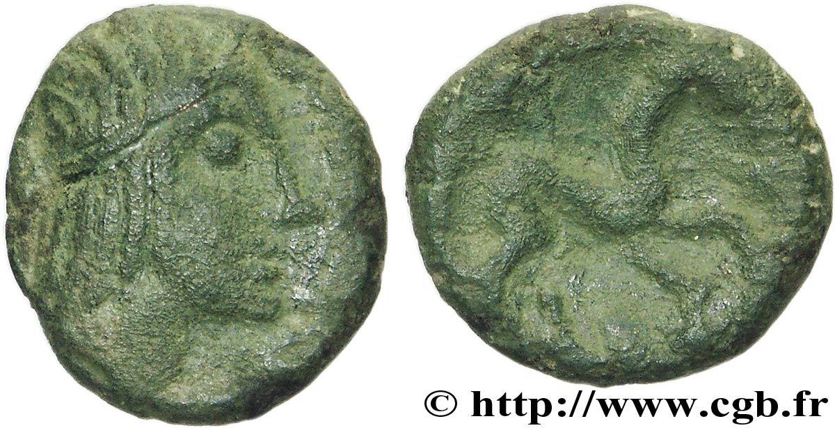 GALLIA BELGICA - AMBIANI (Región de Amiens) Bronze au cheval et à la tête aux cheveux calamistrés BC+/BC