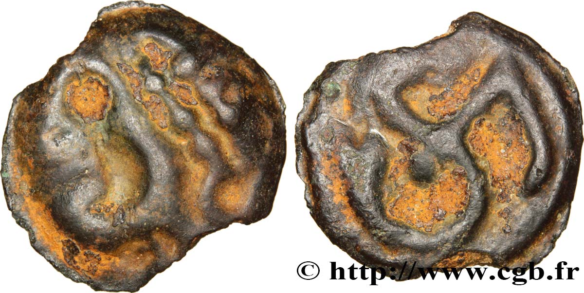 GALLIA - GALLIA DEL NORTE -ÆDUI (BIBRACTE, Región del Mont-Beuvray) Potin à l’hippocampe, tête à la chevelure bouletée MBC