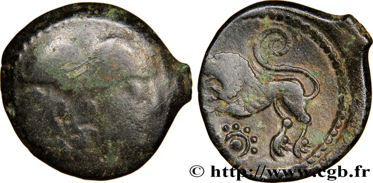 GALLIEN - BELGICA - SUESSIONES (Region die Soissons) Bronze à la tête janiforme barbue, classe I fS/SS
