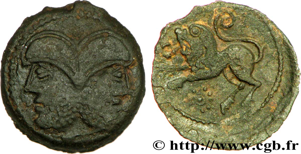 GALLIEN - BELGICA - SUESSIONES (Region die Soissons) Bronze à la tête janiforme barbue, classe I SS