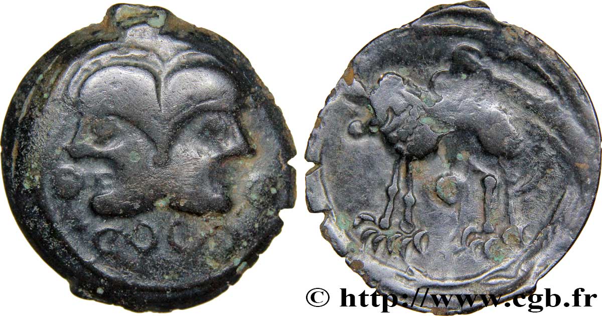 GALLIEN - BELGICA - SUESSIONES (Region die Soissons) Bronze à la tête janiforme, classe II aux annelets vides SS