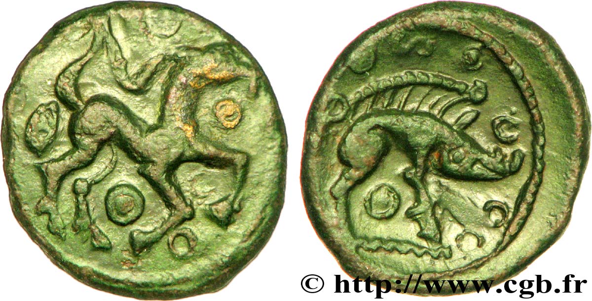AMBIENS (Région d Amiens) Bronze au cheval et au sanglier, “type des dépôts d’Amiens” TTB+/SUP