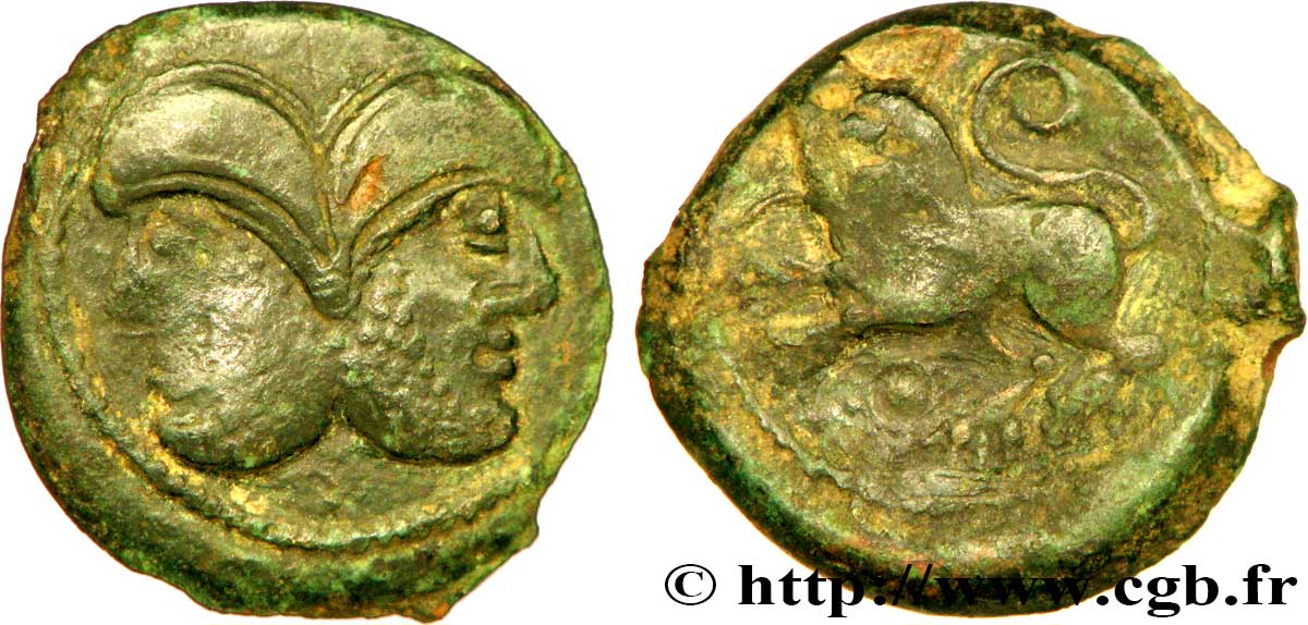 GALLIEN - BELGICA - SUESSIONES (Region die Soissons) Bronze à la tête janiforme barbue, classe I fVZ/SS
