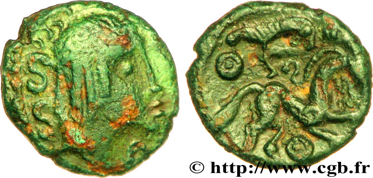 GALLIA BELGICA - AMBIANI (Area of Amiens) Bronze au cheval et à la tête aux cheveux calamistrés XF/AU