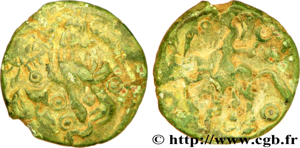 GALLIA BELGICA - AMBIANI (Región de Amiens) Bronze au sanglier et au cavalier, surfrappe BC+