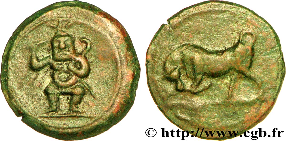 HISPANIA - IBERICO - EBUSUS (Îles Baléares, Ibiza) Bronze au dieu Bes et au taureau TTB+