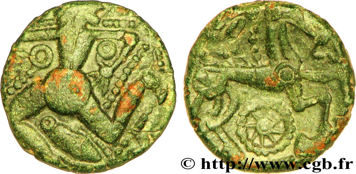 GALLIA - BELGICA - BELLOVACI (Región de Beauvais) Bronze au personnage courant, à l’oiseau et à la rouelle MBC+