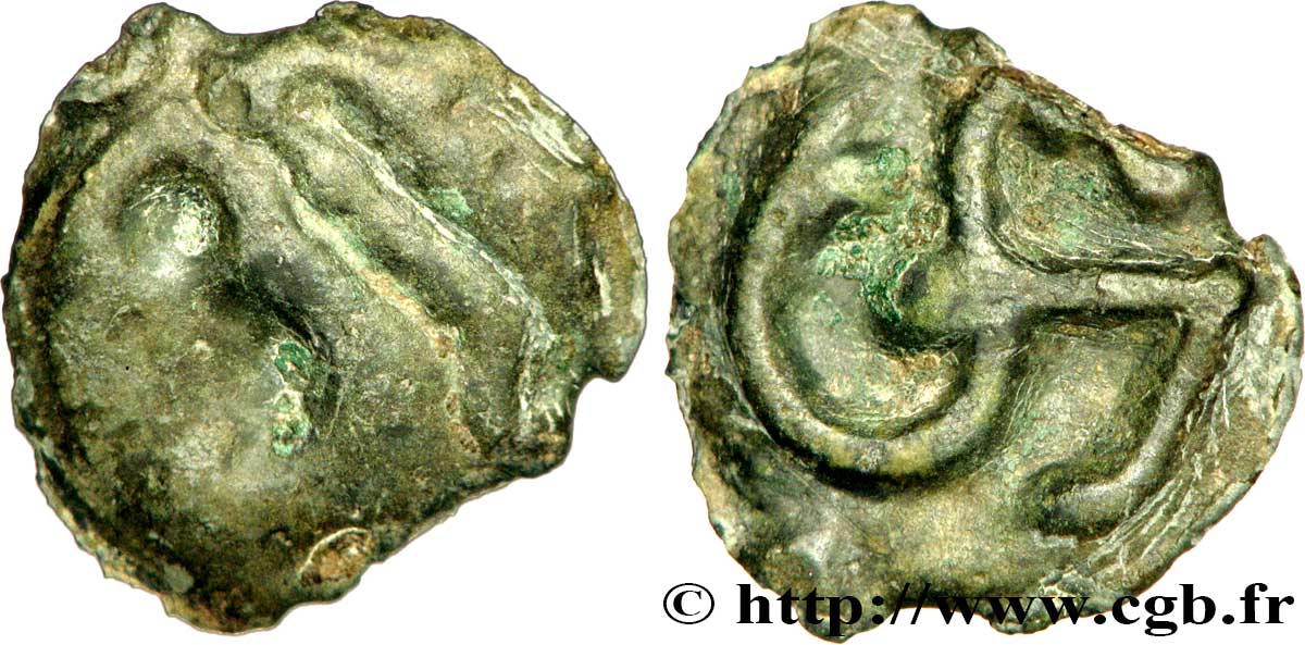 GALLIA - ÆDUI (BIBRACTE, Area of the Mont-Beuvray) Potin à l’hippocampe, tête à la chevelure bouletée VF/AU