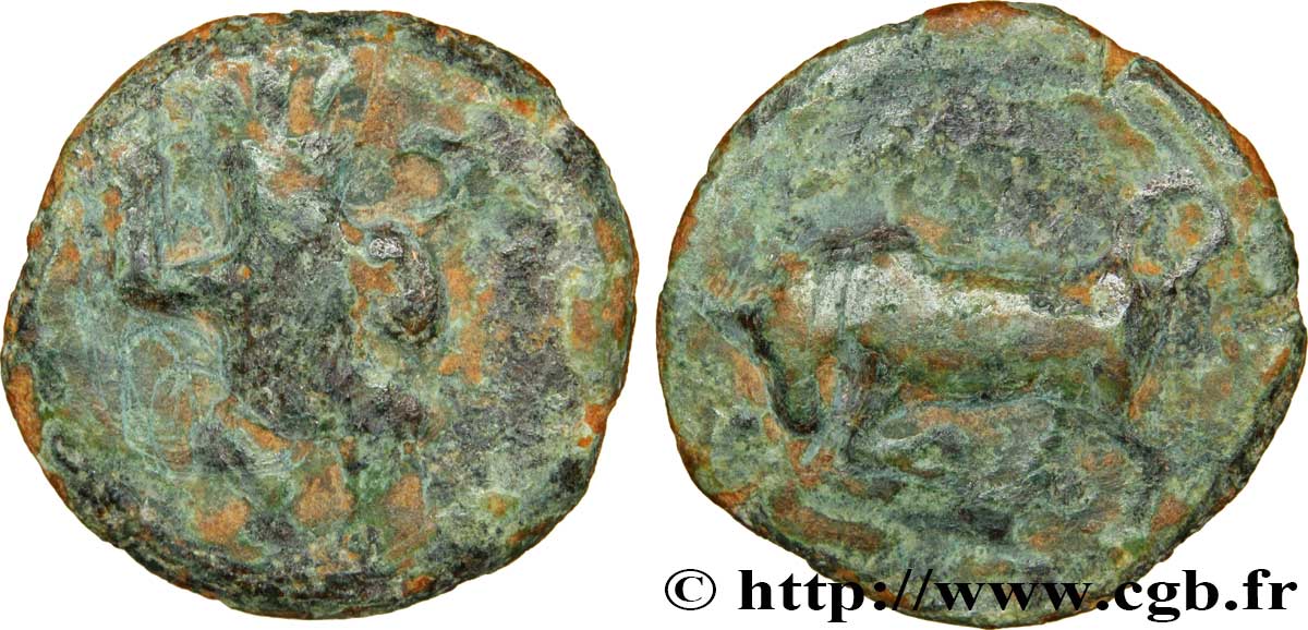 HISPANIA - IBERICO - EBUSUS (Îles Baléares, Ibiza) Bronze au dieu Bes et au taureau TB