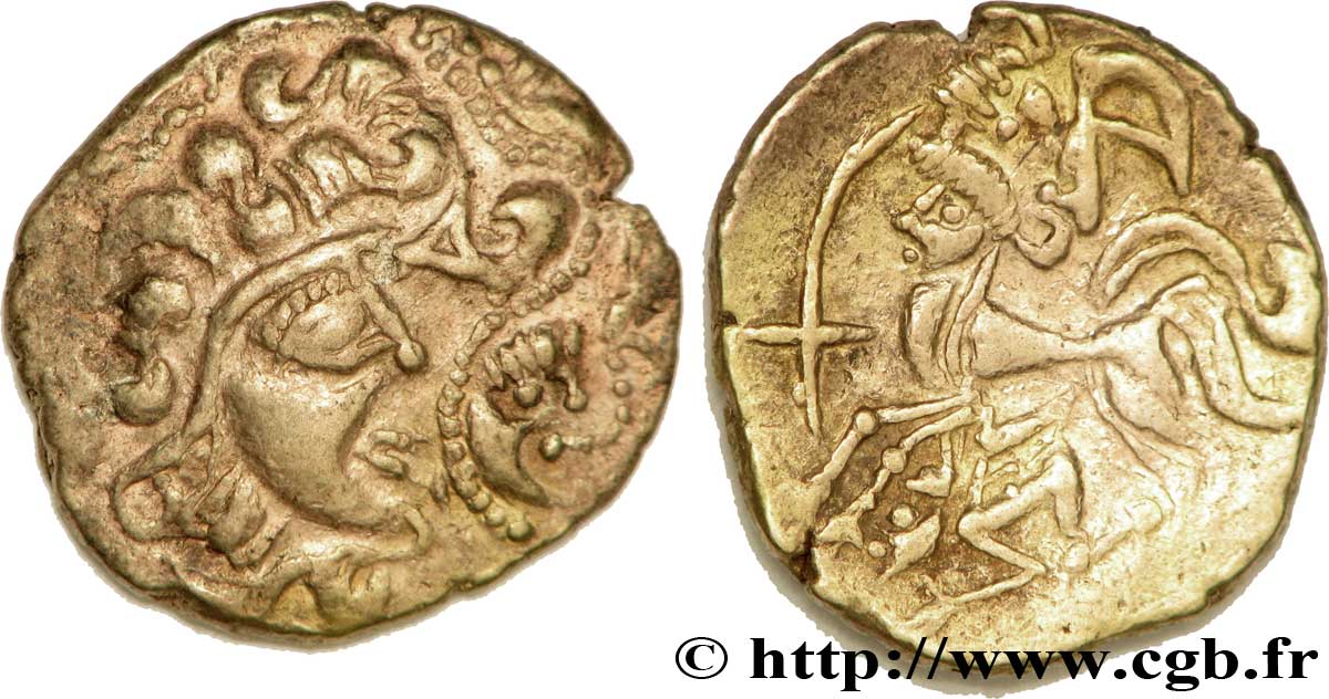 GALLIA - ARMORICA - OSISMII (Area of Carhaix - Finistère) Statère d électrum au personnage recroquevillé ailé – à l’aurige stylisé et à la croix AU