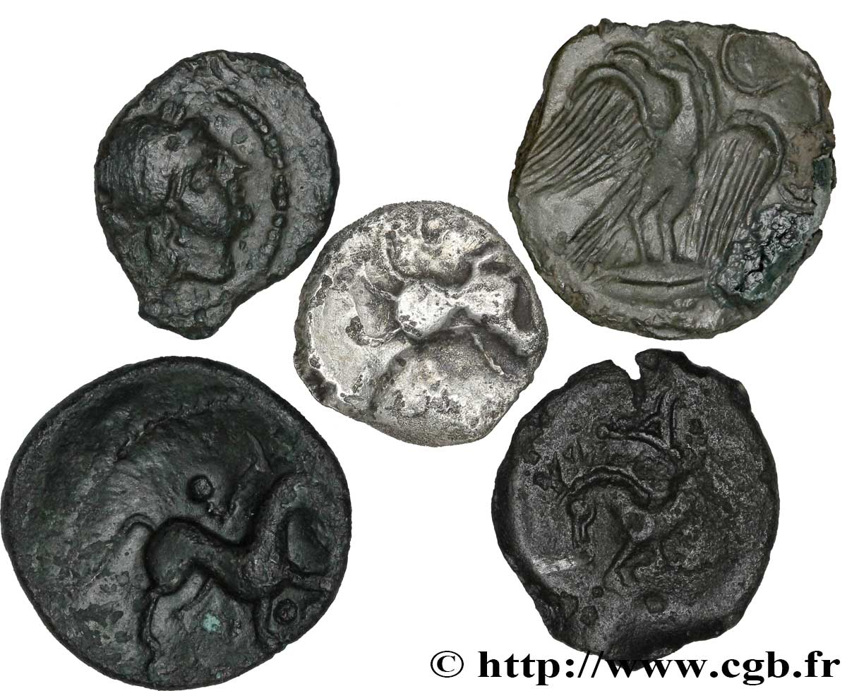 Gallia Lot de 5 monnaies de bronze et d’argent lot